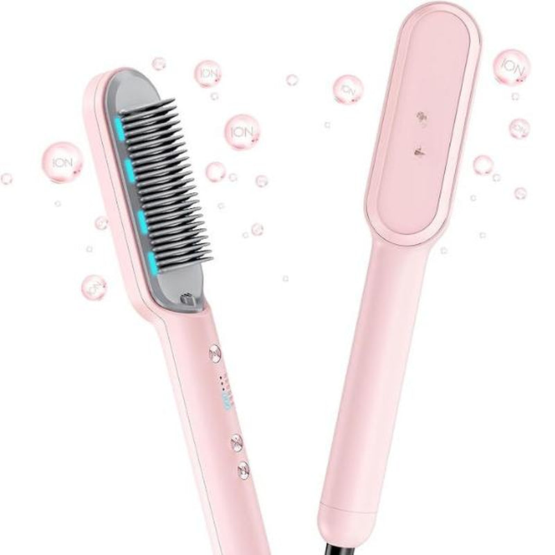 Ionic Hair Straightener Brush - Sleek Sweep with 6 Temperature Adjusts, Anti-Scald Ceramic Hair Straightener Comb for Home Salon Smooth Comfort Rose Pink