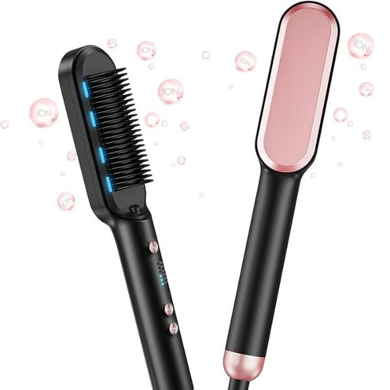 Ionic Hair Straightener Brush - Sleek Sweep with 6 Temperature Adjusts, Anti-Scald Ceramic Hair Straightener Comb for Home Salon Smooth Comfort Rose Pink