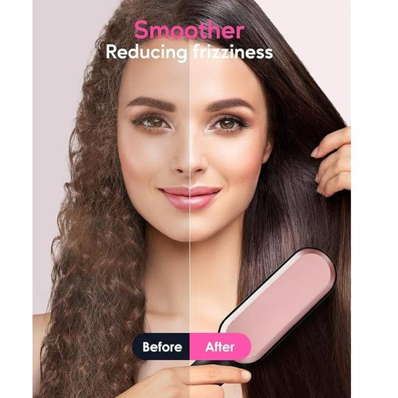 Ionic Hair Straightener Brush - Sleek Sweep with 6 Temperature Adjusts, Anti-Scald Ceramic Hair Straightener Comb for Home Salon Smooth Comfort Rose Pink