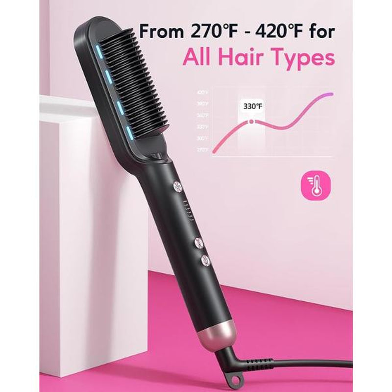 Ionic Hair Straightener Brush - Sleek Sweep with 6 Temperature Adjusts, Anti-Scald Ceramic Hair Straightener Comb for Home Salon Smooth Comfort Rose Pink